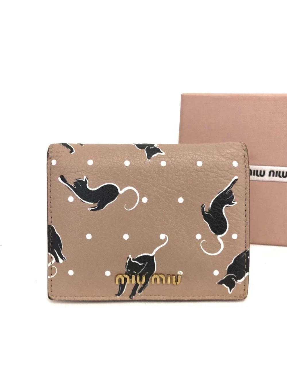 Miu Miu Pink/Nude Cat Madras Leather BiFold Wallet